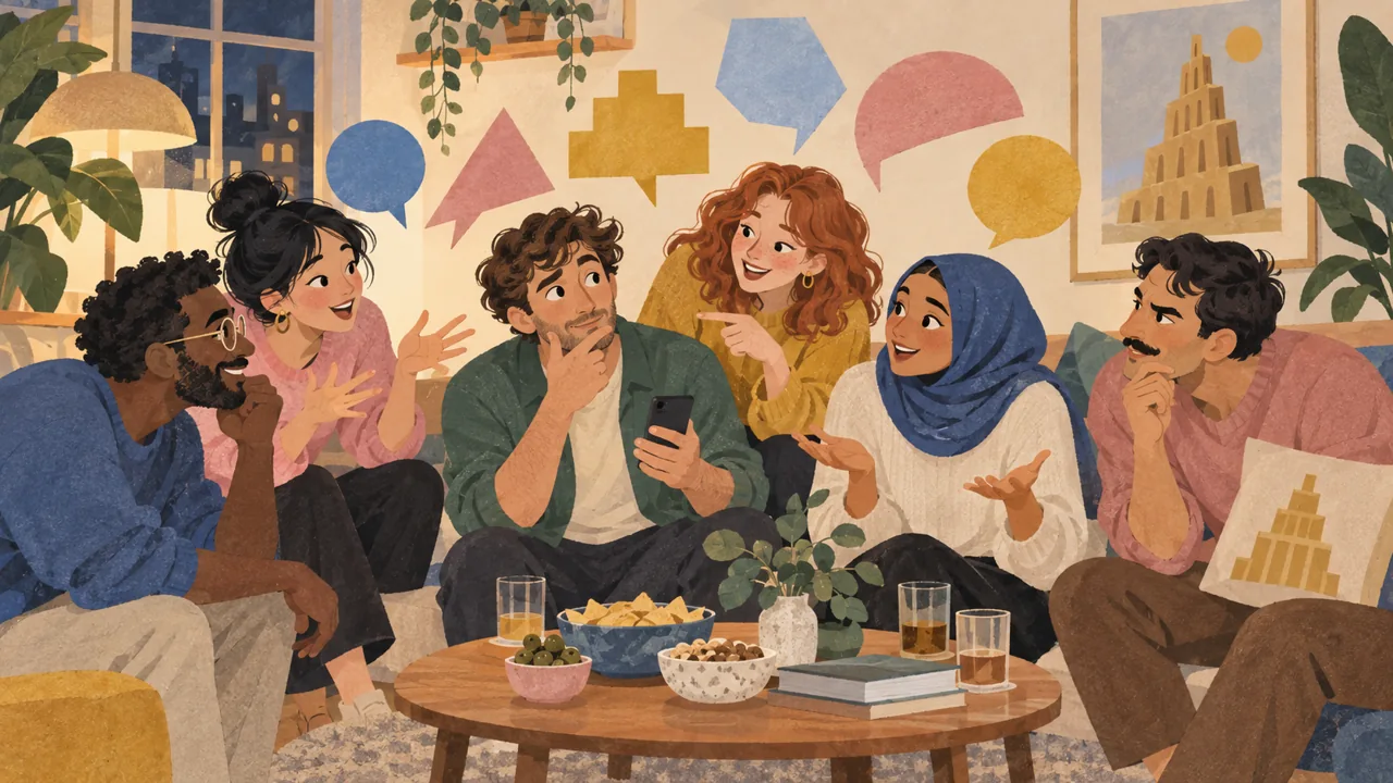 Illustration de six amis discutant avec amusement autour d’un téléphone partagé