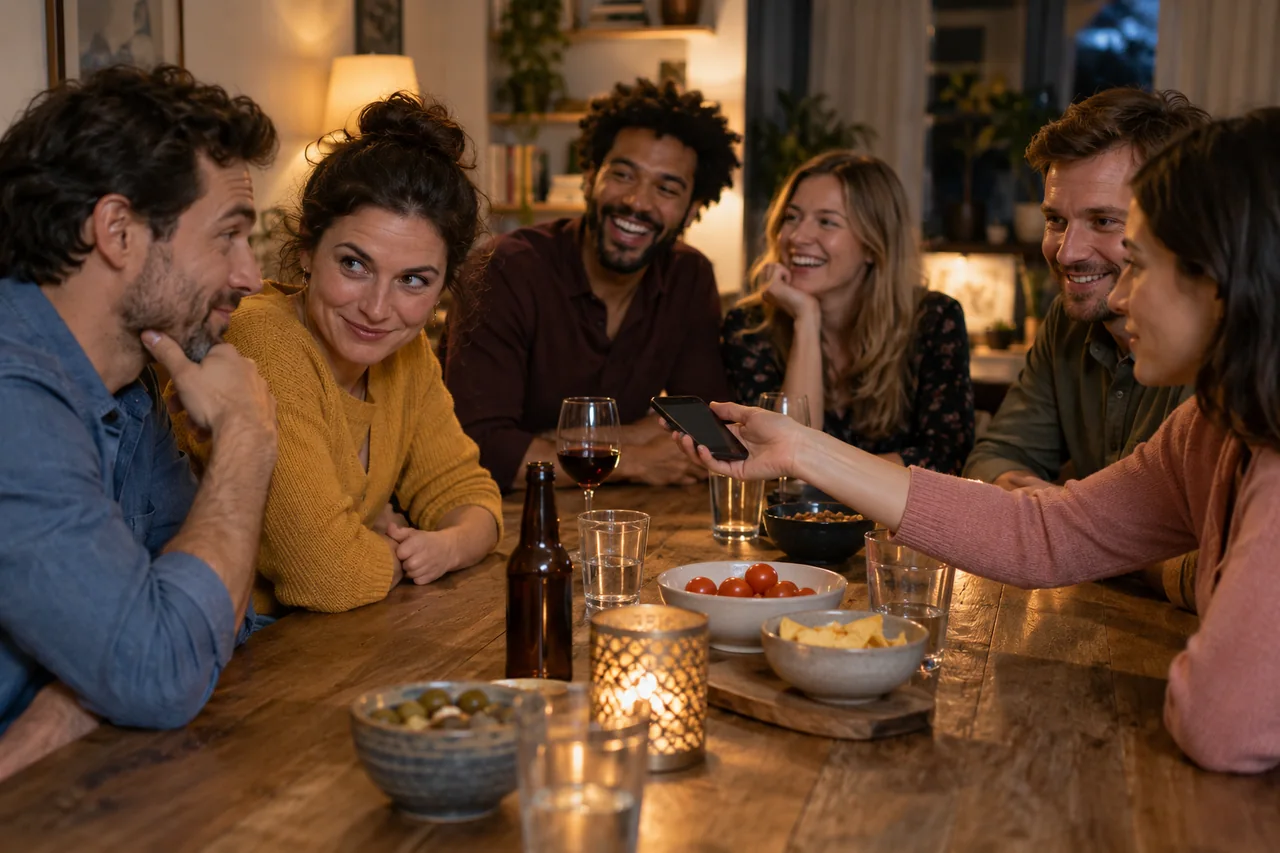 Des amis échangent des regards amusés autour d’une table pendant un jeu de bluff.