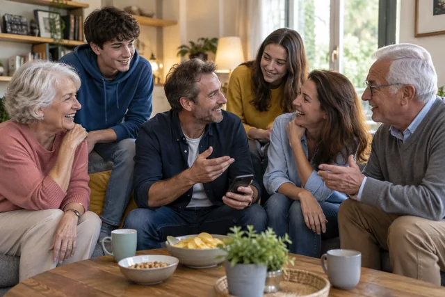 Several generations of a family enjoy a game together at home.