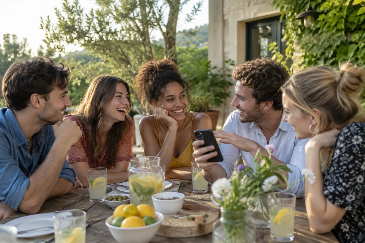 Des amis rient ensemble autour d’une table sur une terrasse arborée.