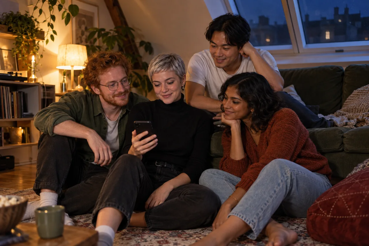 Des amis échangent des sourires complices dans un salon sous les combles.