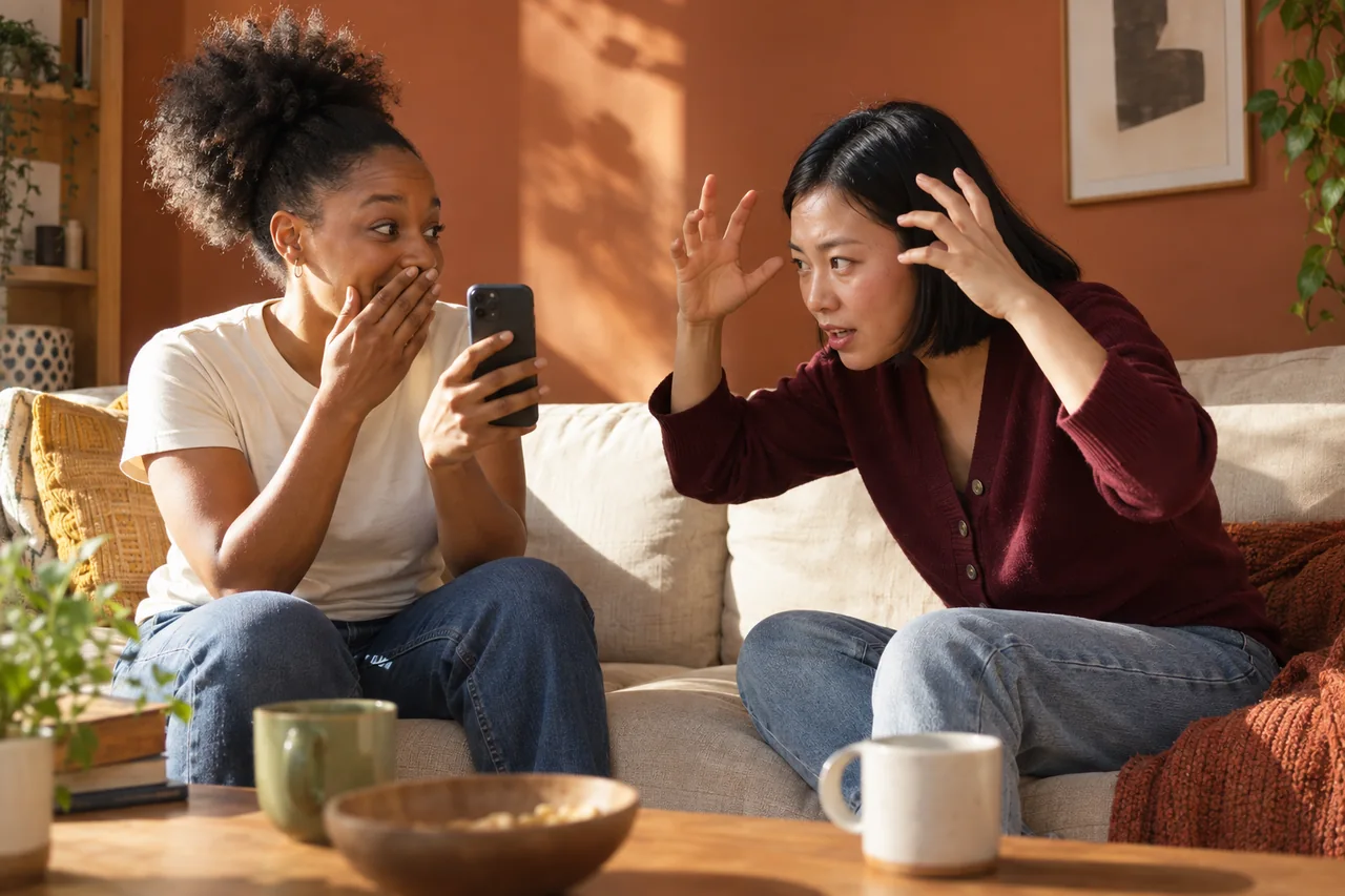 Two friends share a word challenge while sitting on a sofa.