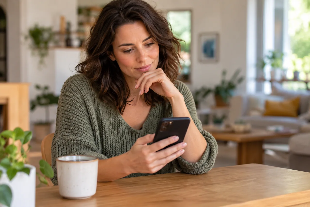 Una mujer reflexiona sobre una respuesta con el teléfono en la mano.