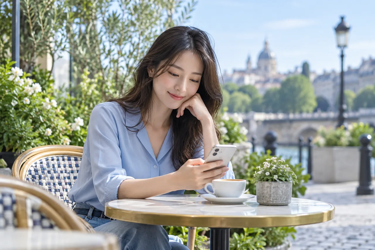 Una mujer disfruta de una pausa con su teléfono en la terraza de un café.