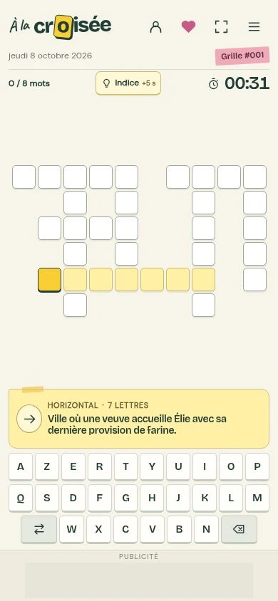 La grille de mots croisés bibliques avec une définition et le clavier.