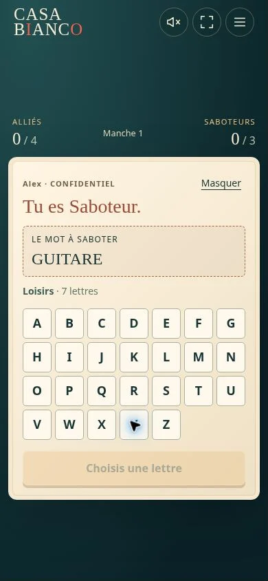 Un rôle et un alphabet pour choisir sa lettre en secret.