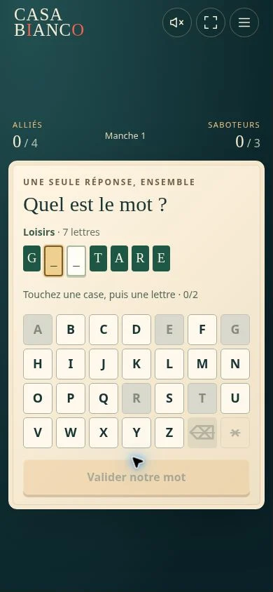 Le mot partiellement révélé et le clavier de réponse collective.