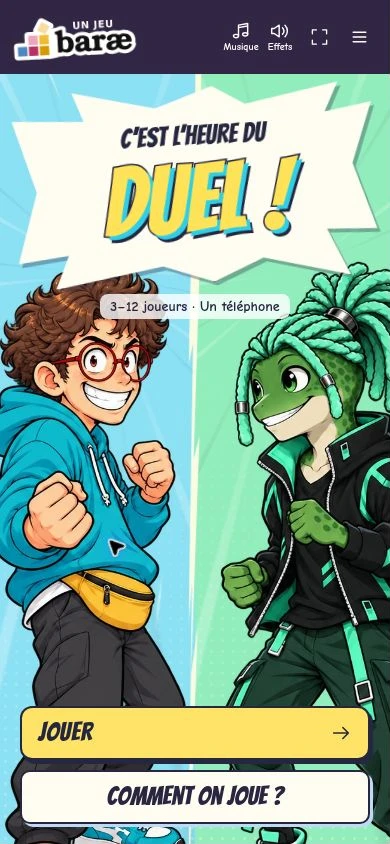 The dudududuel home screen, with its characters and invitation to duel.