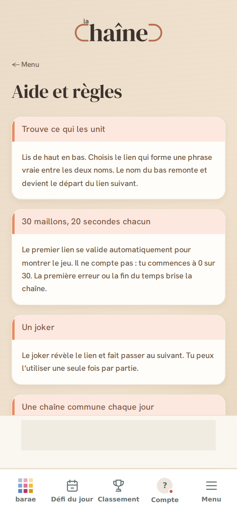 La Chaîne : les règles dans la véritable application BARÆ.