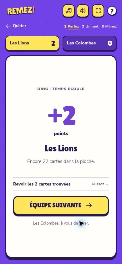 Les cartes trouvées et les points du tour, avec la possibilité de corriger.